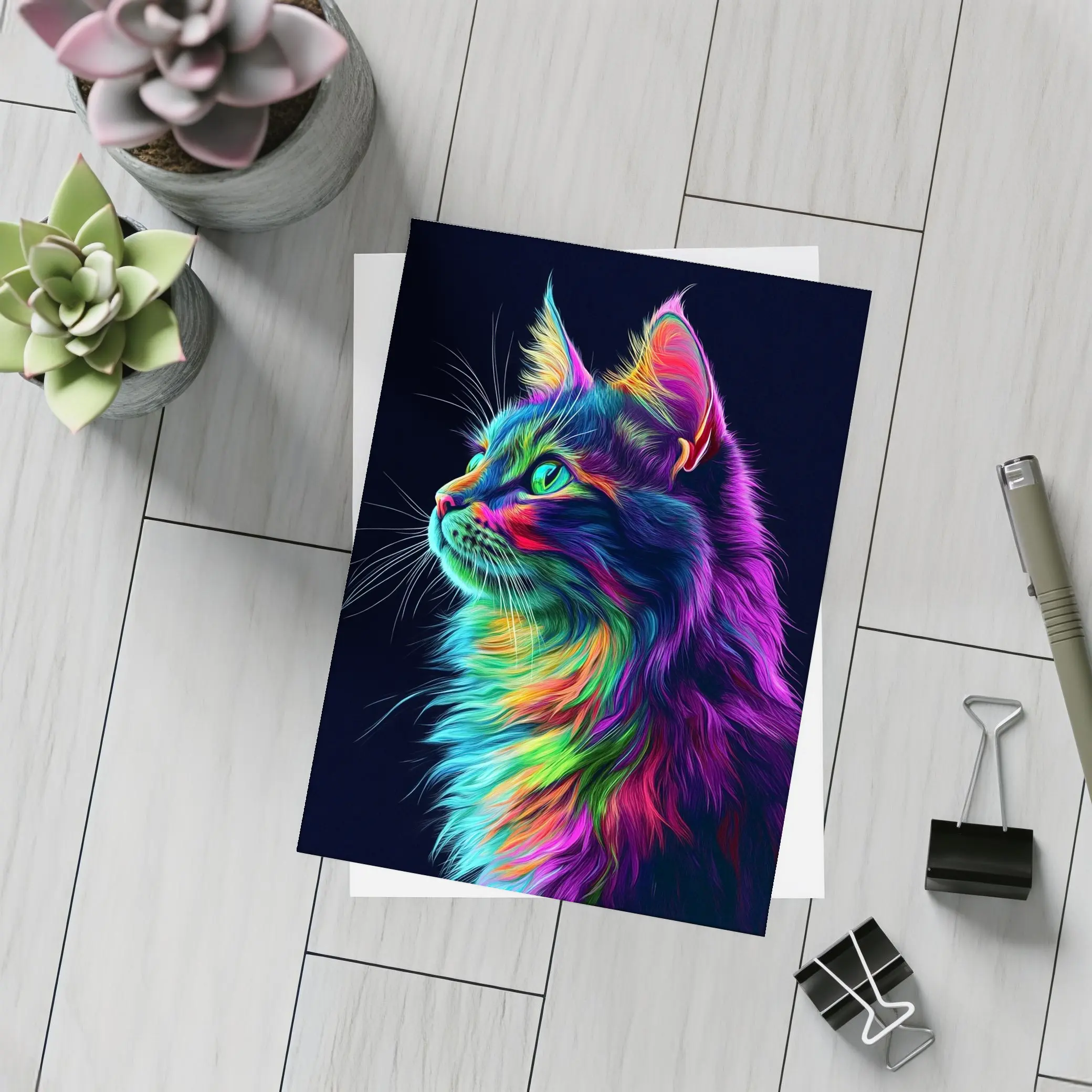 Neon Rainbow Maine Coon Cat Black Background – Postcards