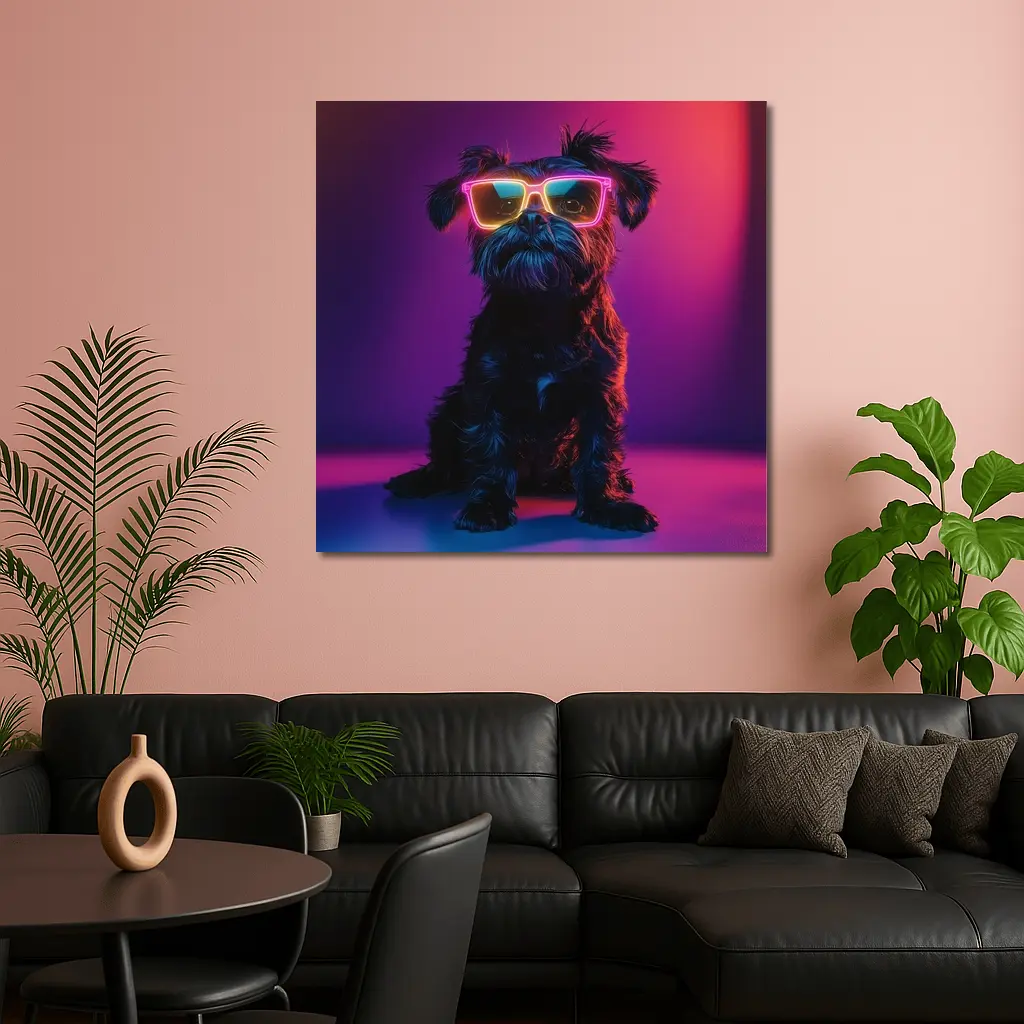 Black Affenpinscher Dog Neon Sunglasses Purple Background – Wall Art