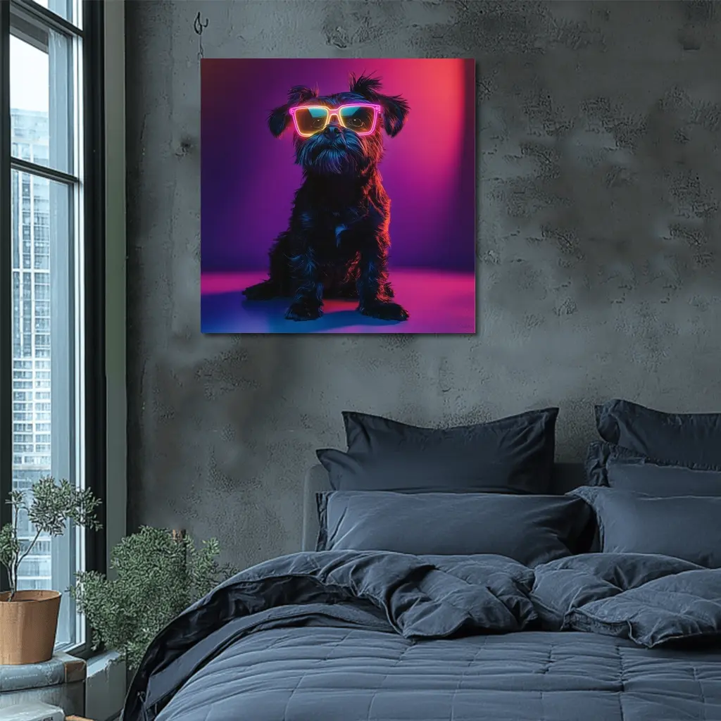 Black Affenpinscher Dog Neon Sunglasses Purple Background – Wall Art