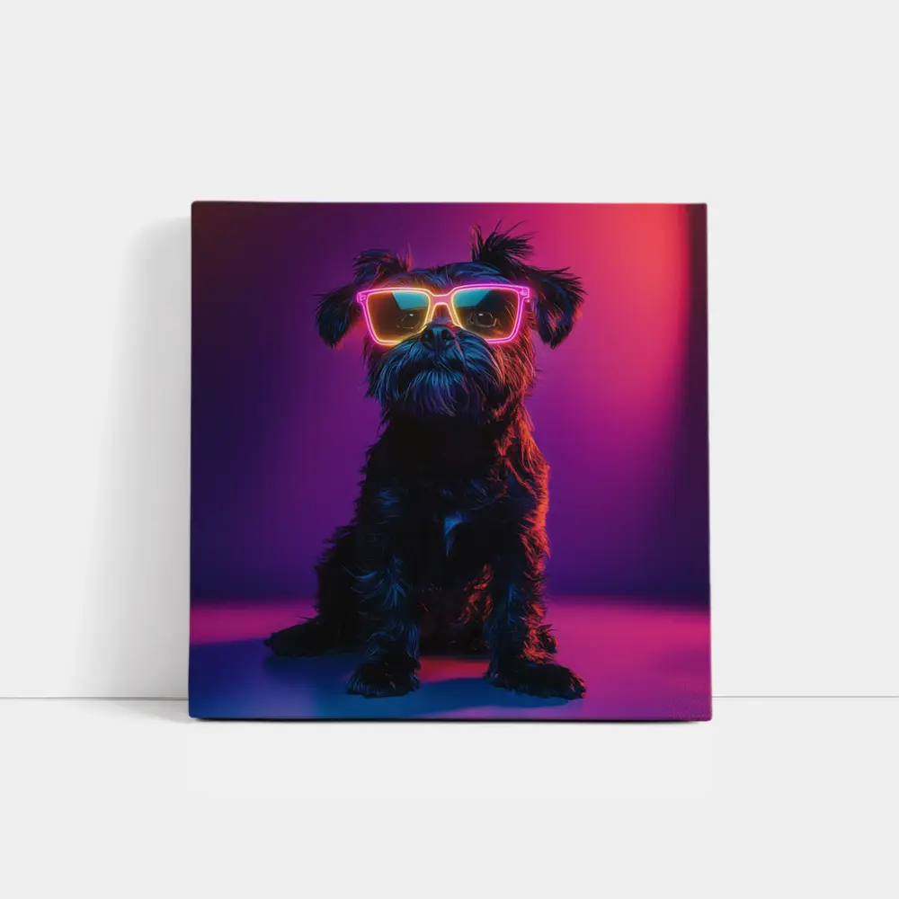 Black Affenpinscher Dog Neon Sunglasses Purple Background – Wall Art