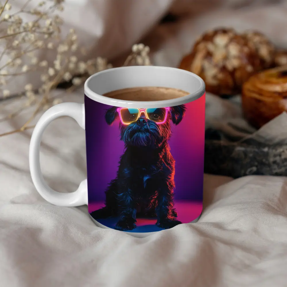 Black Affenpinscher Dog Neon Sunglasses Purple Background – Mugs