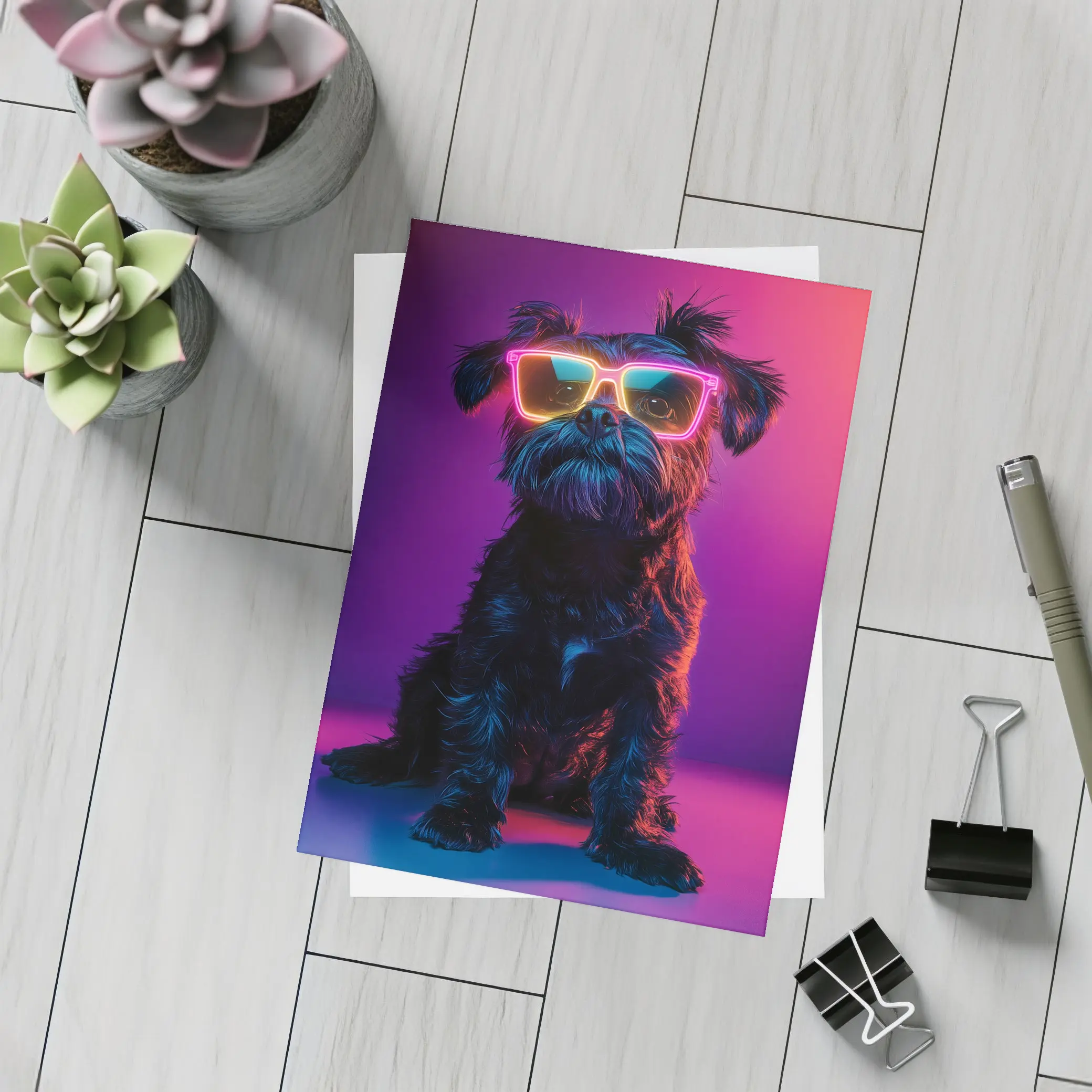 Black Affenpinscher Dog Neon Sunglasses Purple Background – Postcards
