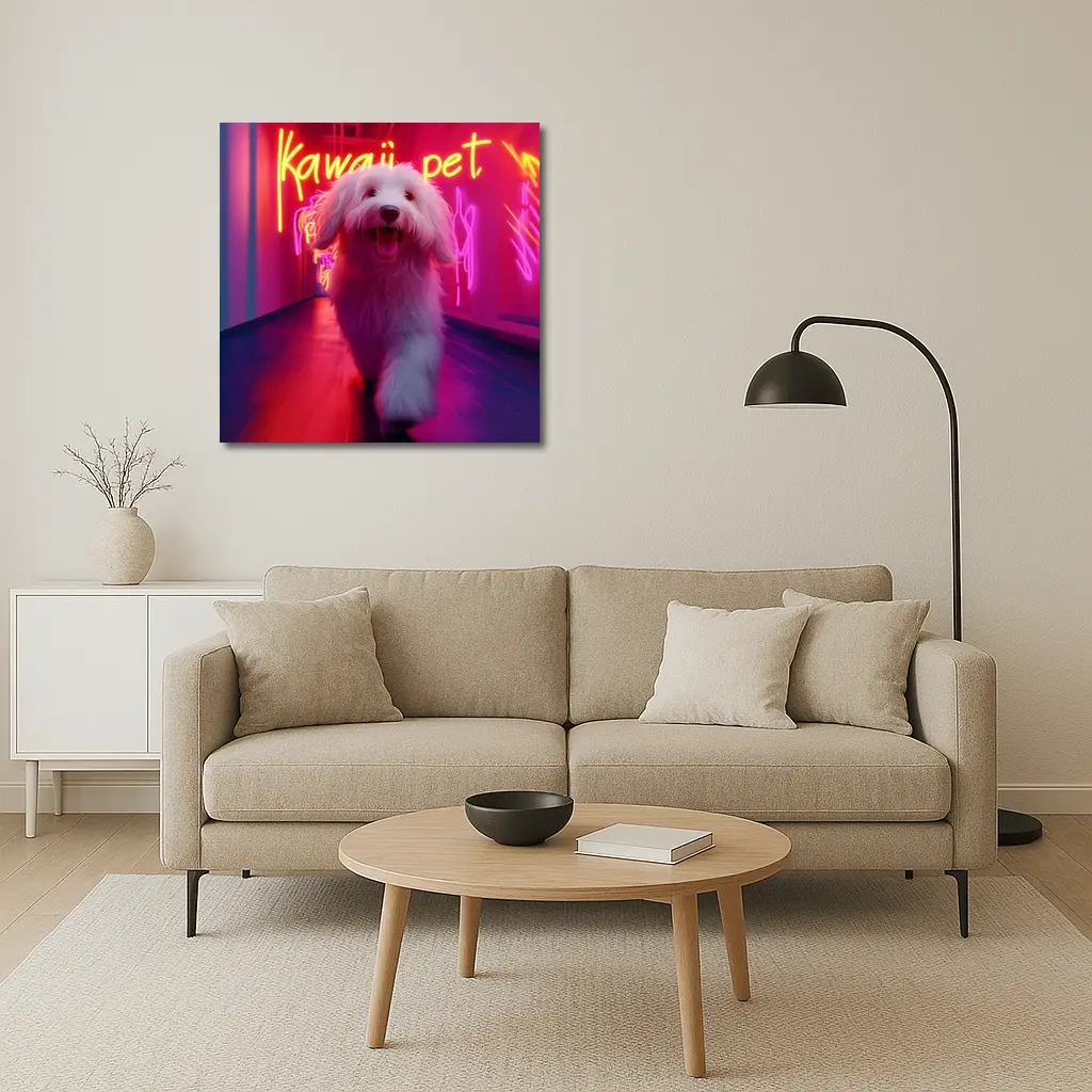 Fluffy White Dog Neon Kawaii Pet Hallway – Wall Art