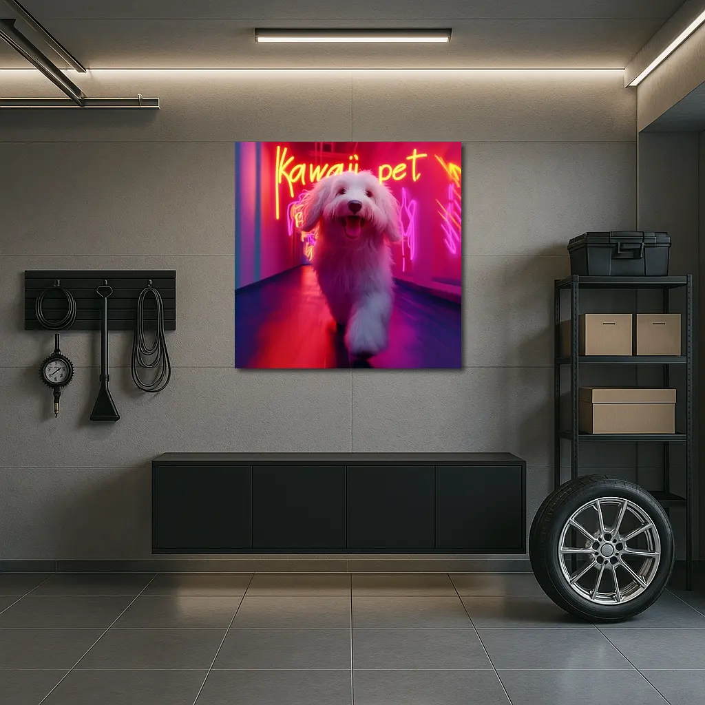 Fluffy White Dog Neon Kawaii Pet Hallway – Wall Art