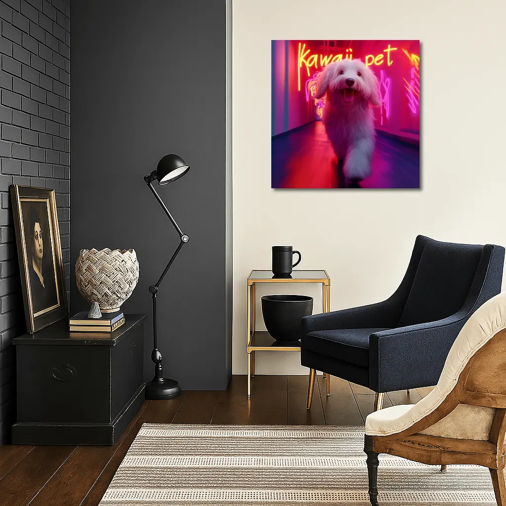 Fluffy White Dog Neon Kawaii Pet Hallway – Wall Art