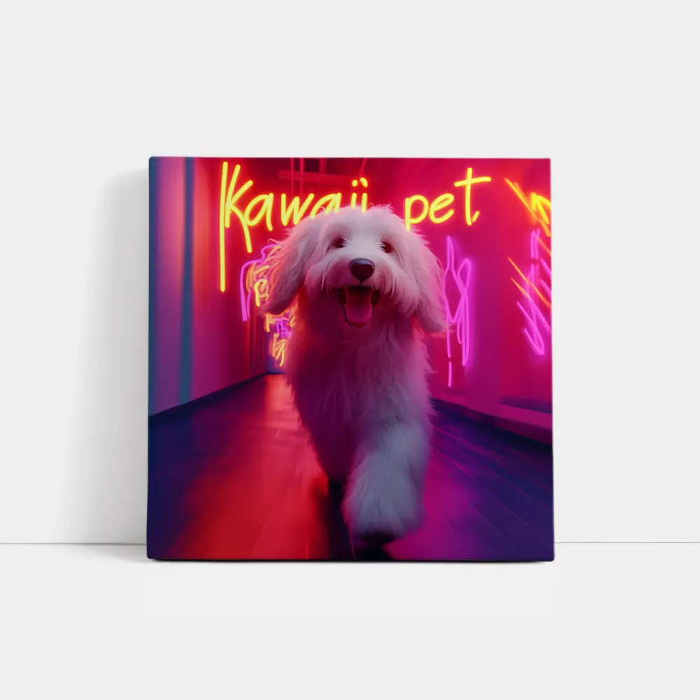 Fluffy White Dog Neon Kawaii Pet Hallway – Wall Art