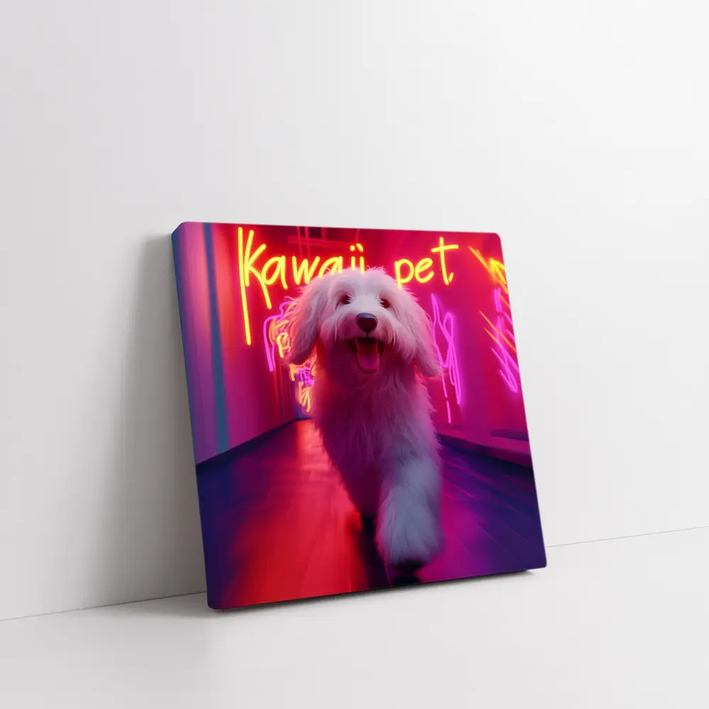 Fluffy White Dog Neon Kawaii Pet Hallway – Wall Art