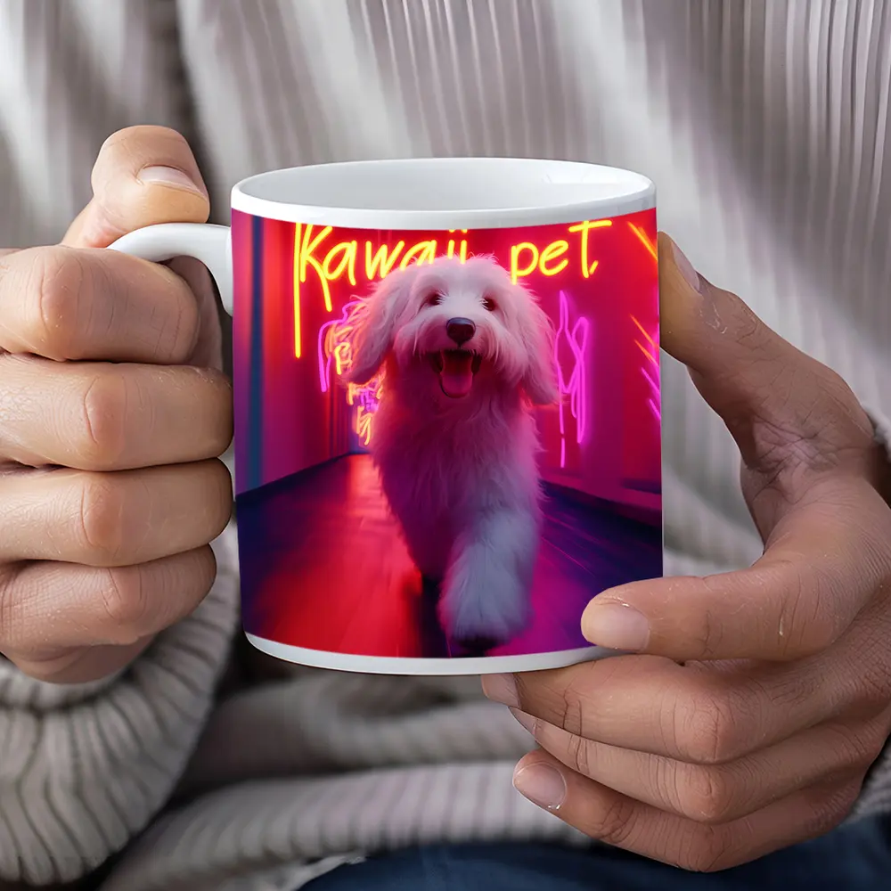 Fluffy White Dog Neon Kawaii Pet Hallway – Mugs