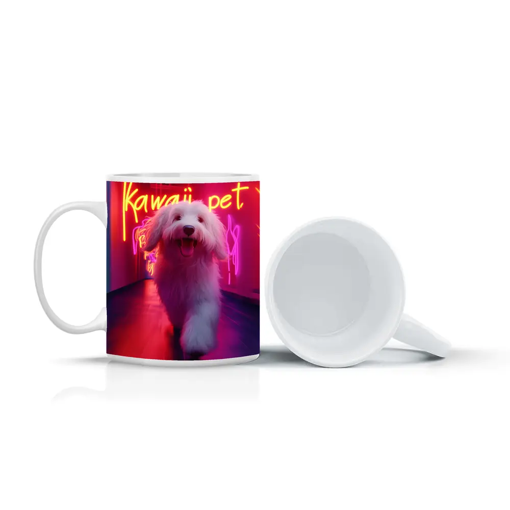 Fluffy White Dog Neon Kawaii Pet Hallway – Mugs