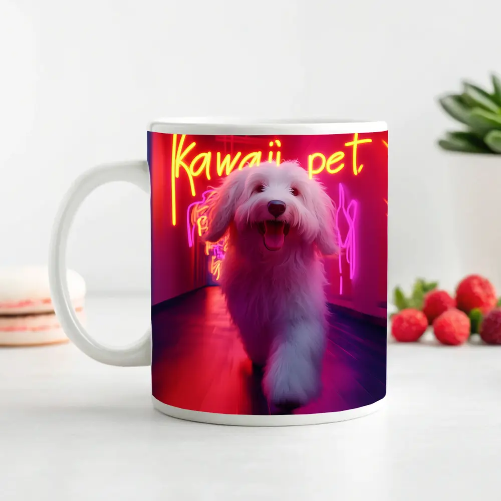 Fluffy White Dog Neon Kawaii Pet Hallway – Mugs