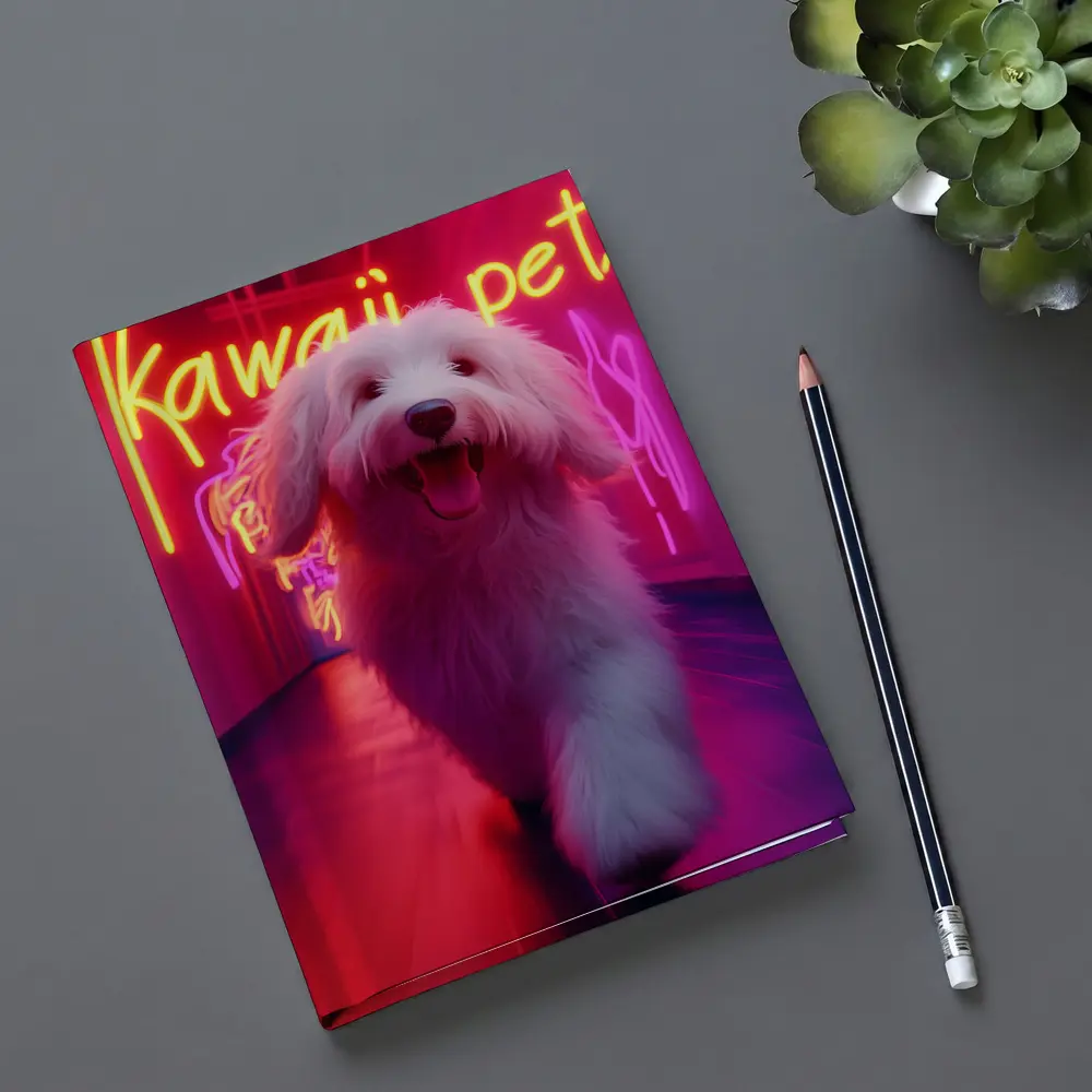 Fluffy White Dog Neon Kawaii Pet Hallway – Notebooks