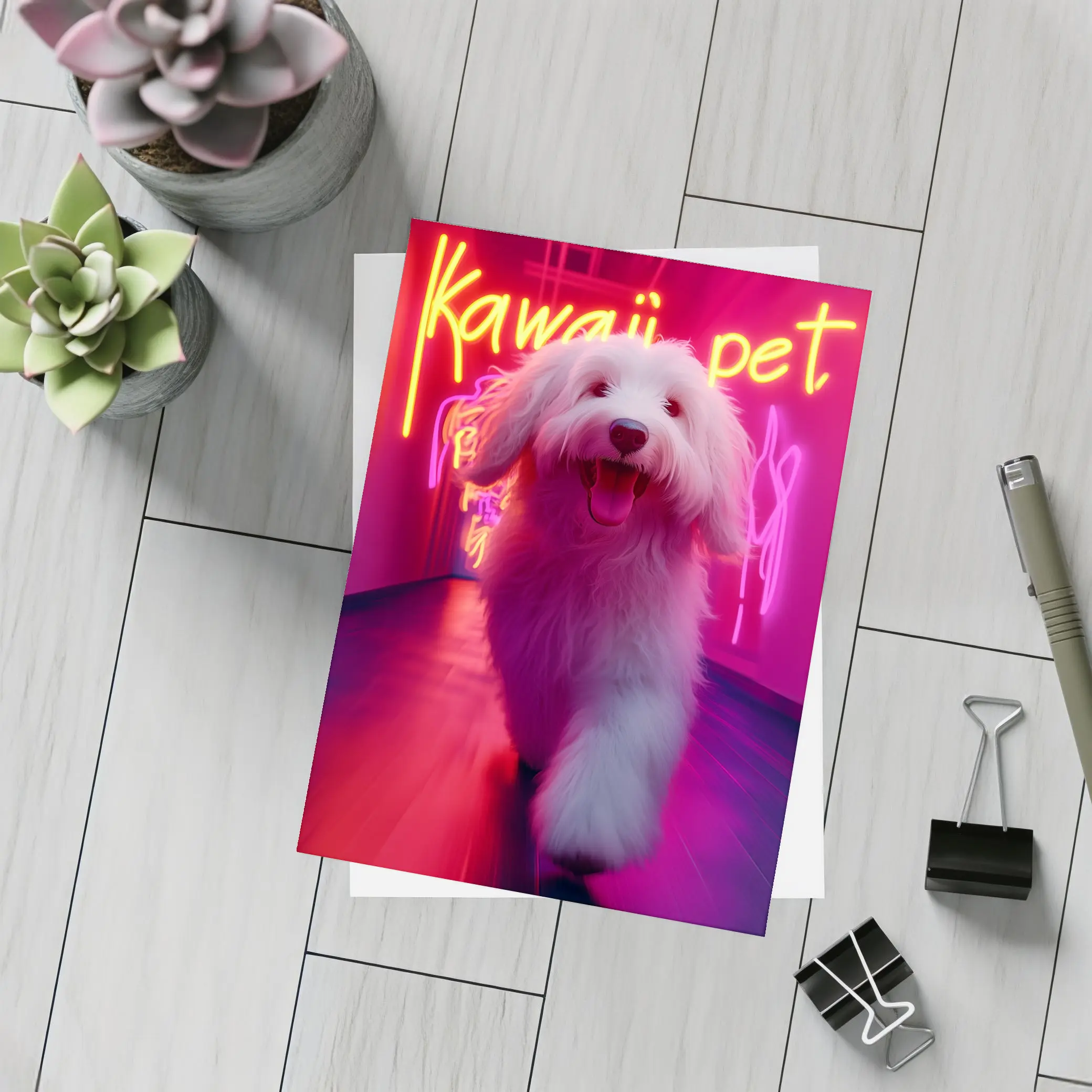 Fluffy White Dog Neon Kawaii Pet Hallway – Postcards