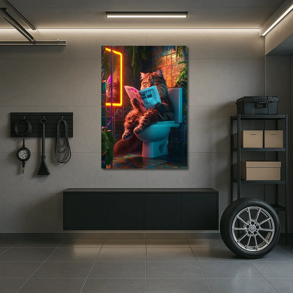 Fluffy Cat Reading Newspaper Neon Bathroom – Wall Art