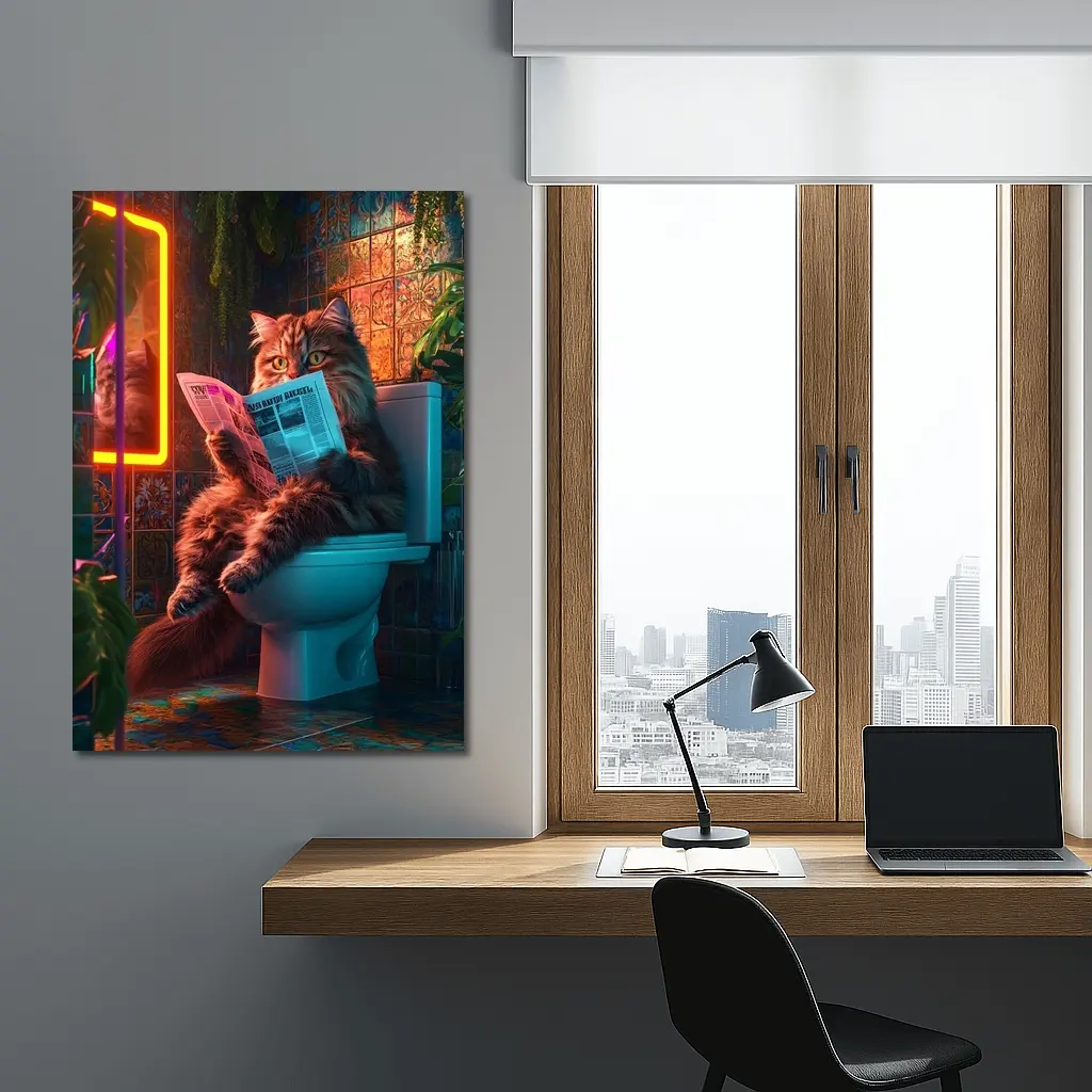 Fluffy Cat Reading Newspaper Neon Bathroom – Wall Art