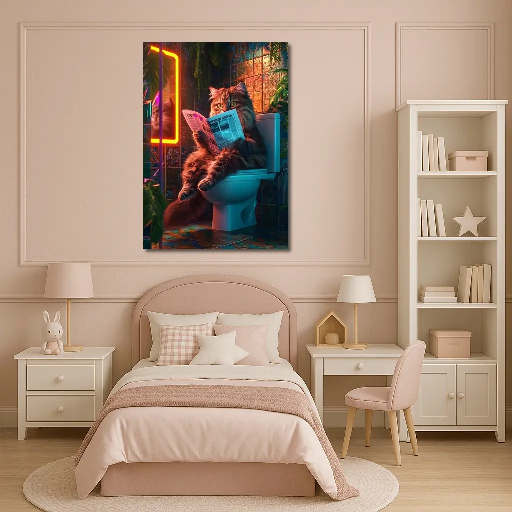 Fluffy Cat Reading Newspaper Neon Bathroom – Wall Art
