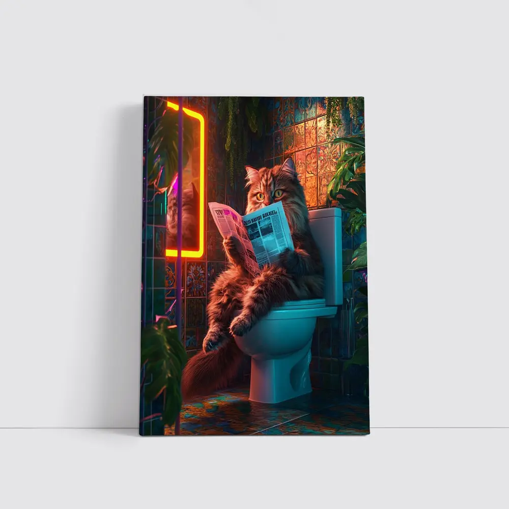 Fluffy Cat Reading Newspaper Neon Bathroom – Wall Art
