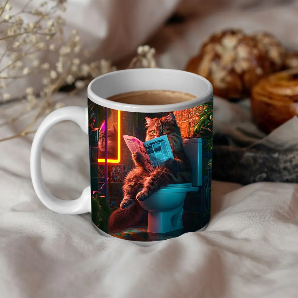 Fluffy Cat Reading Newspaper Neon Bathroom – Mugs