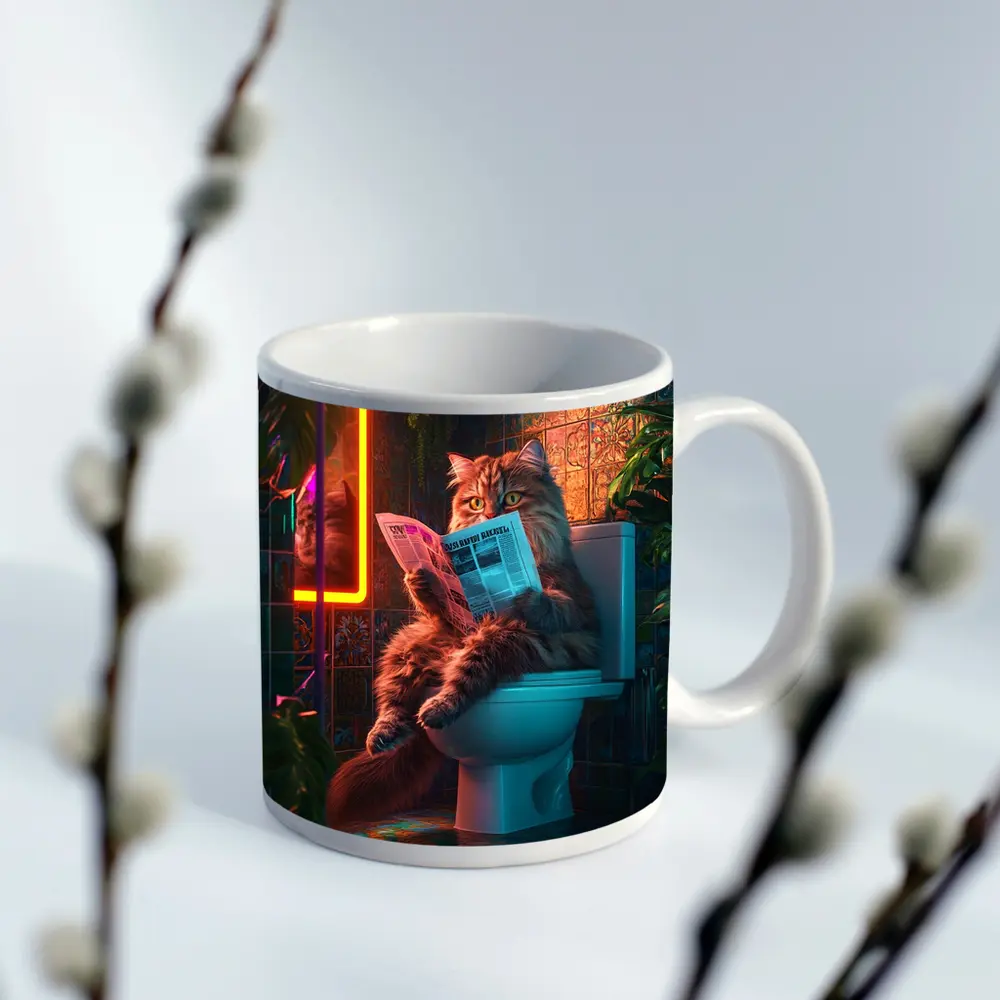 Fluffy Cat Reading Newspaper Neon Bathroom – Mugs