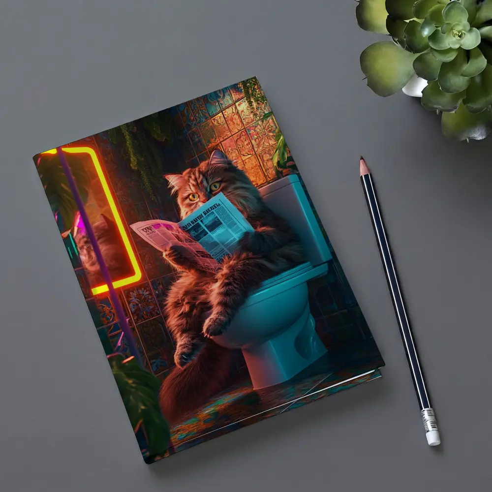 Fluffy Cat Reading Newspaper Neon Bathroom – Notebooks