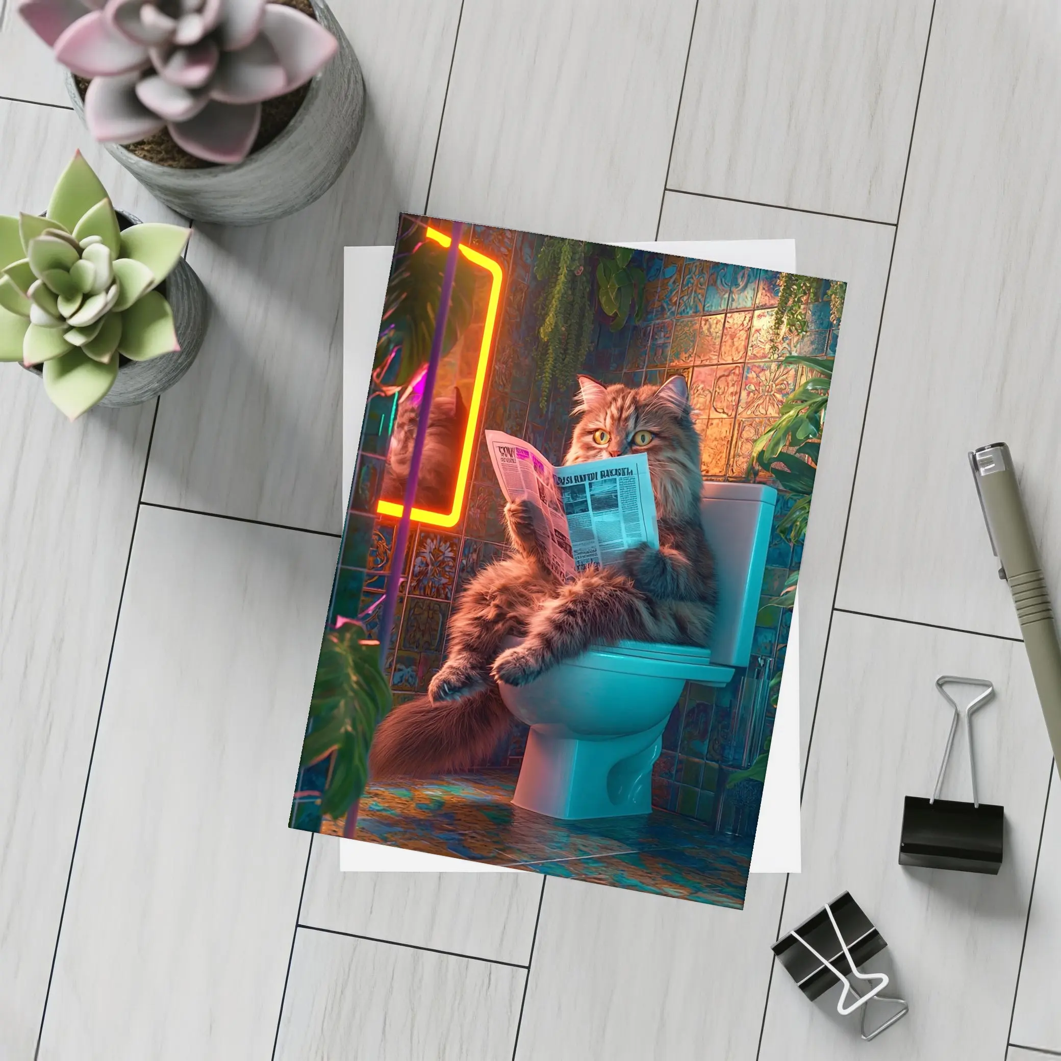 Fluffy Cat Reading Newspaper Neon Bathroom – Postcards