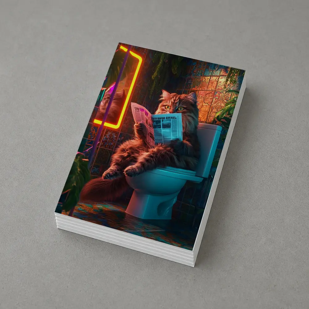Fluffy Cat Reading Newspaper Neon Bathroom – Postcards