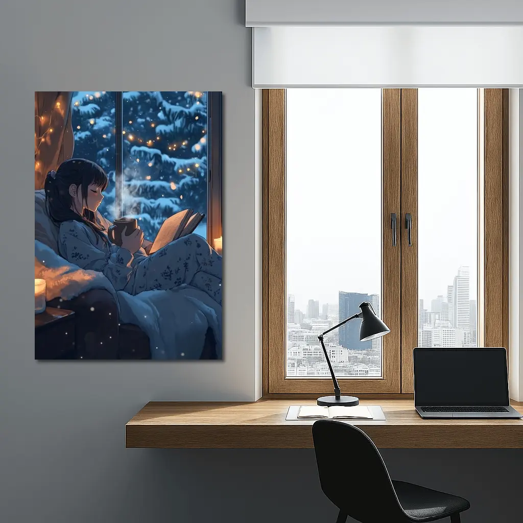 Anime Girl Reading Book Snowy Winter Night – Wall Art