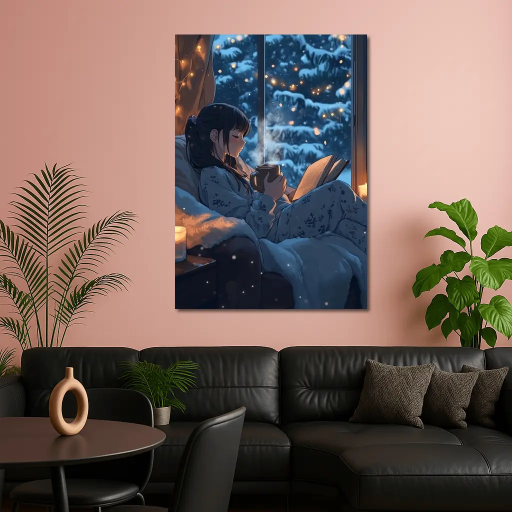 Anime Girl Reading Book Snowy Winter Night – Wall Art