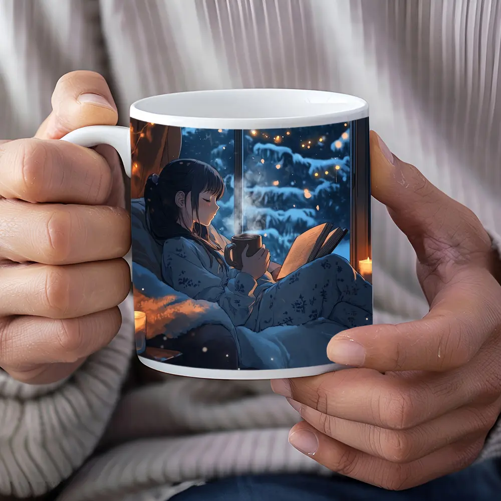 Anime Girl Reading Book Snowy Winter Night – Mugs