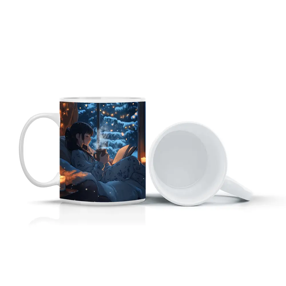 Anime Girl Reading Book Snowy Winter Night – Mugs