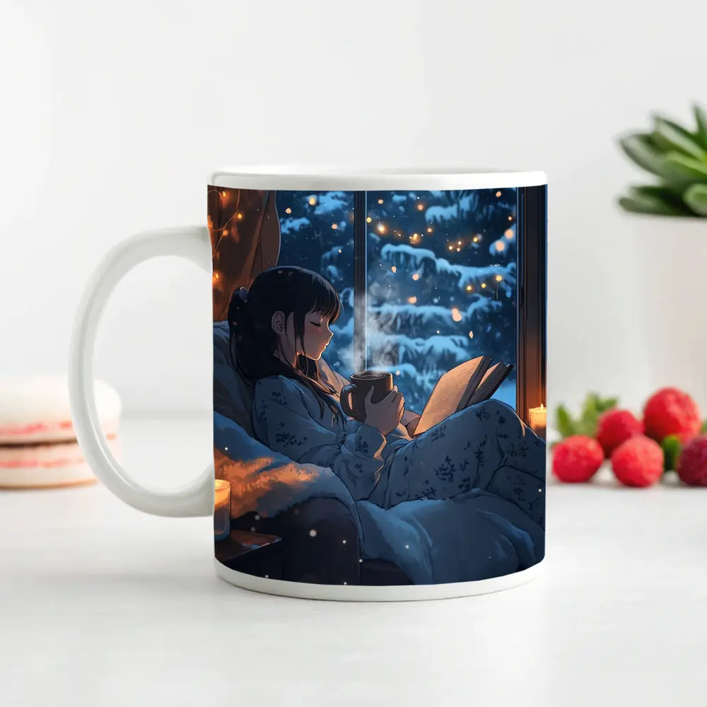 Anime Girl Reading Book Snowy Winter Night – Mugs