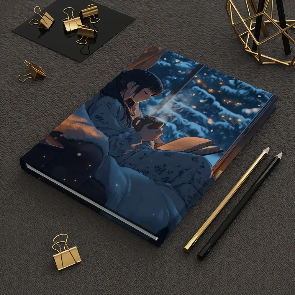 Anime Girl Reading Book Snowy Winter Night – Notebooks