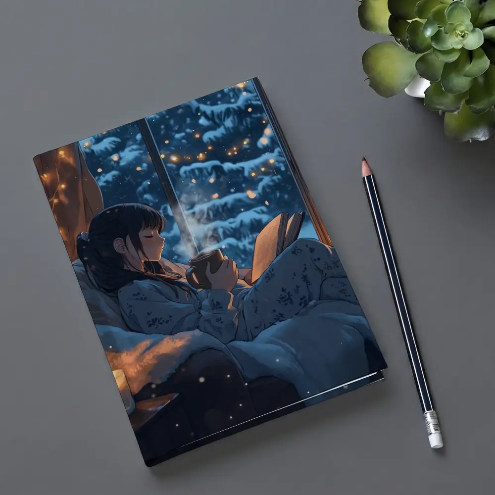 Anime Girl Reading Book Snowy Winter Night – Notebooks