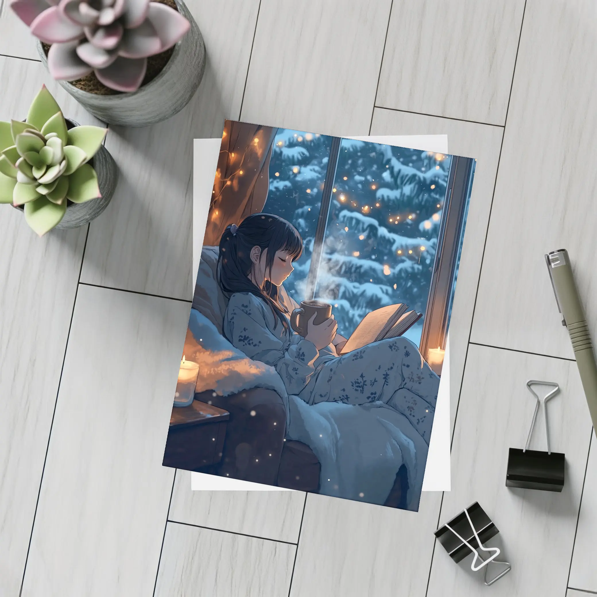 Anime Girl Reading Book Snowy Winter Night – Postcards