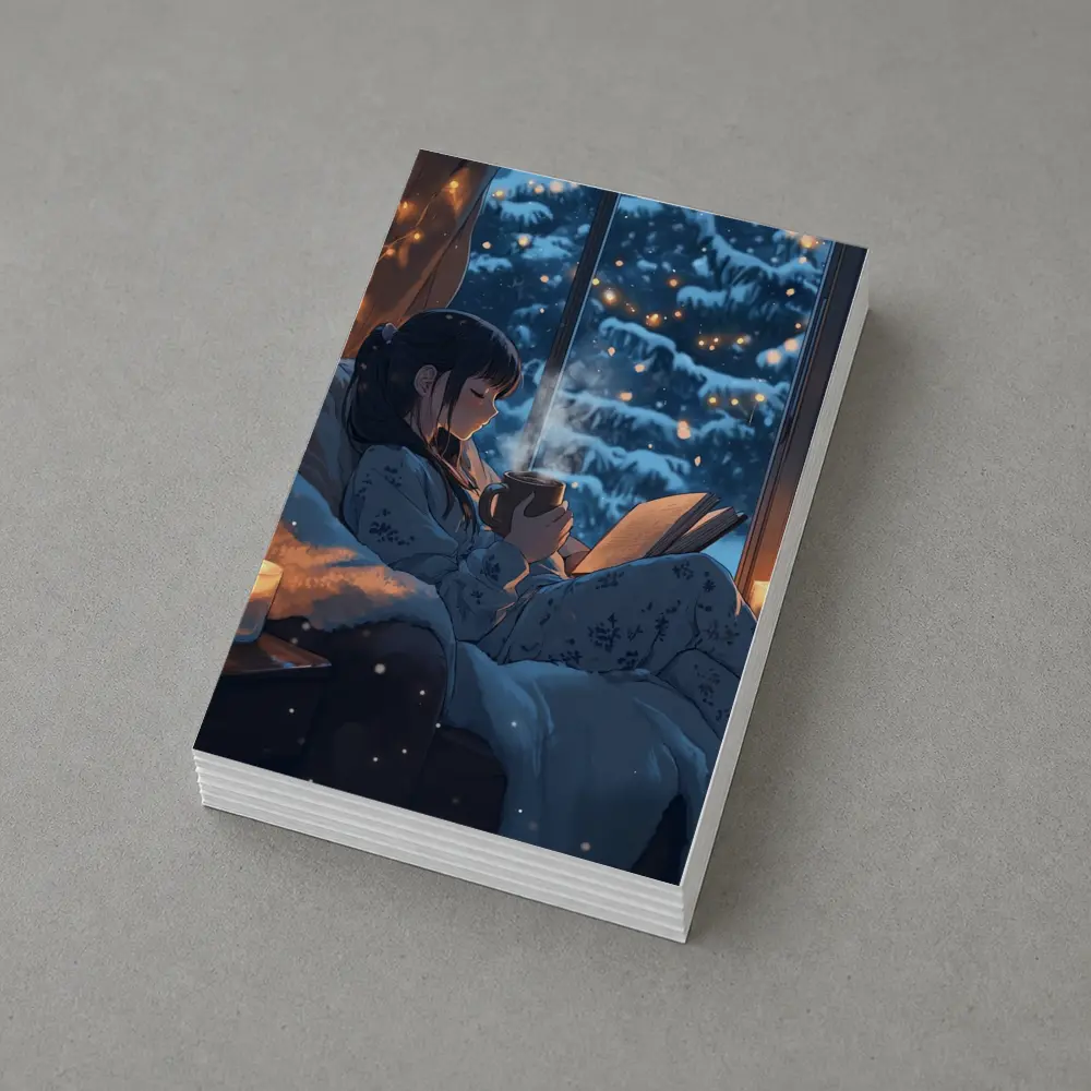 Anime Girl Reading Book Snowy Winter Night – Postcards