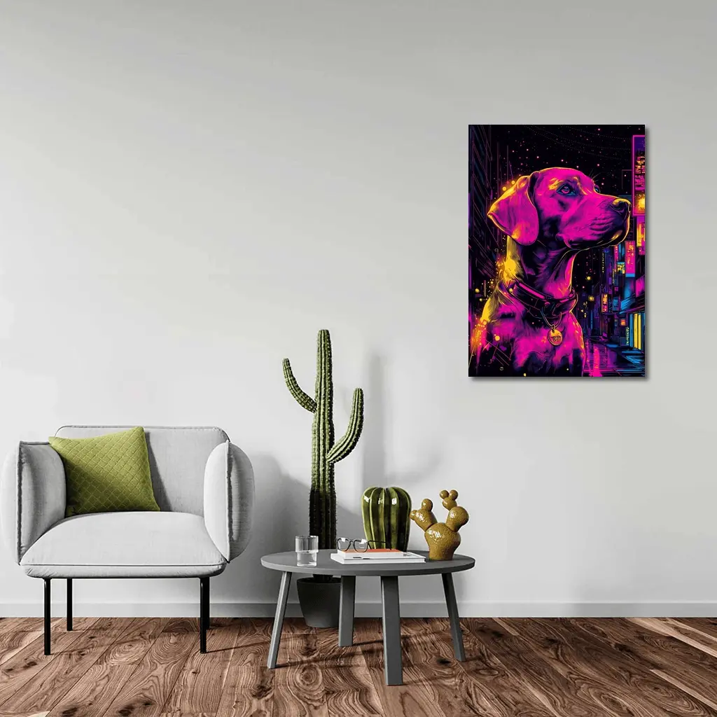 Labrador Dog Neon Cyberpunk City Night – Wall Art