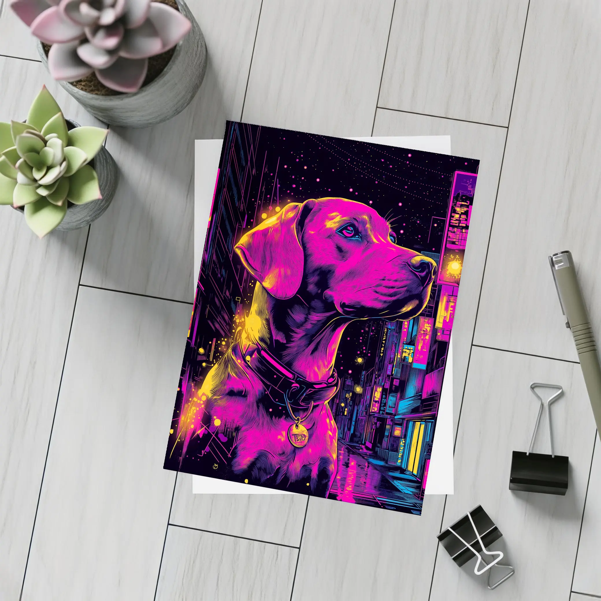 Labrador Dog Neon Cyberpunk City Night – Postcards
