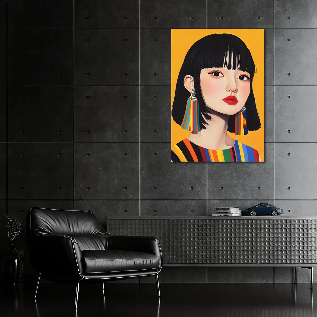 Korean Girl Portrait Colorful Stripes Yellow Background – Wall Art