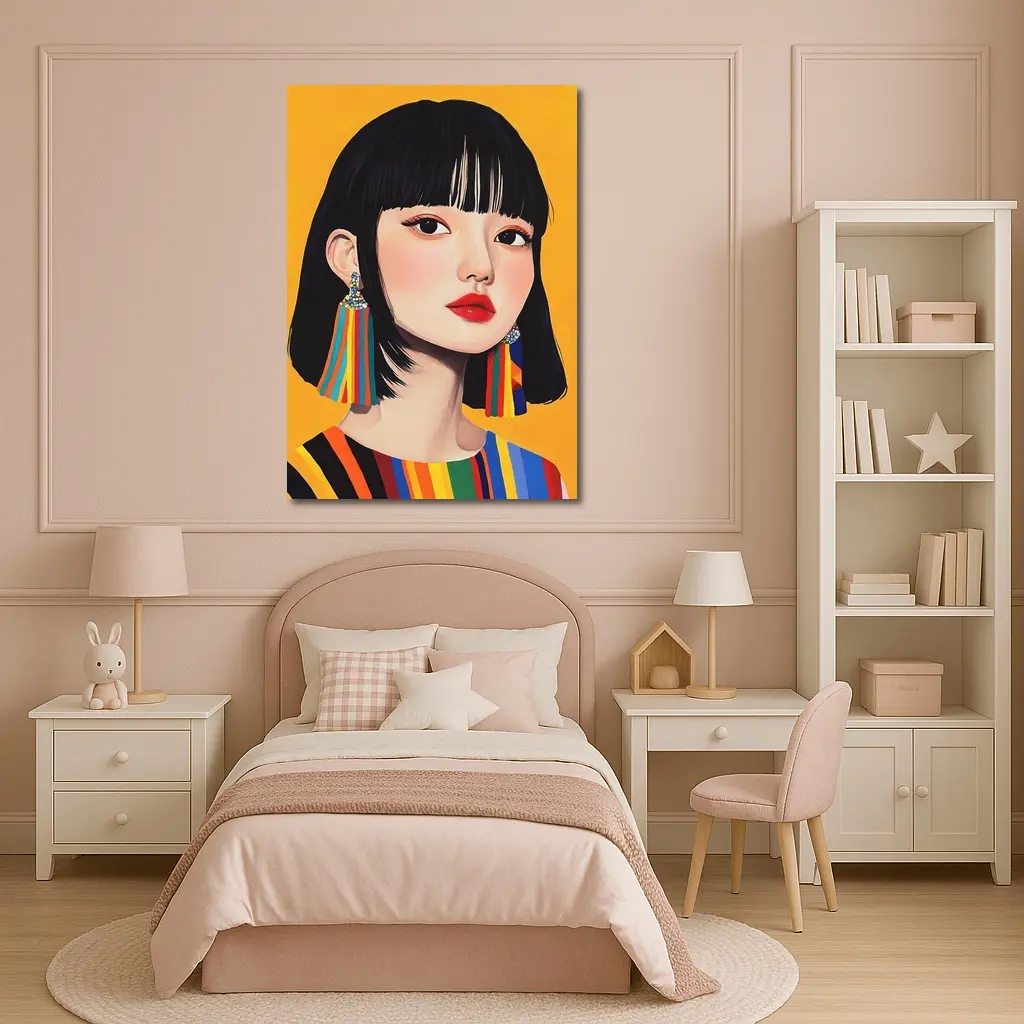 Korean Girl Portrait Colorful Stripes Yellow Background – Wall Art