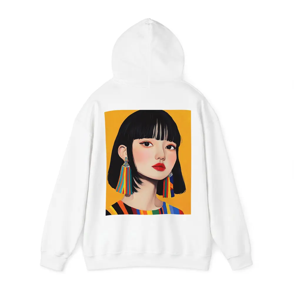 Korean Girl Portrait Colorful Stripes Yellow Background – Hoodies
