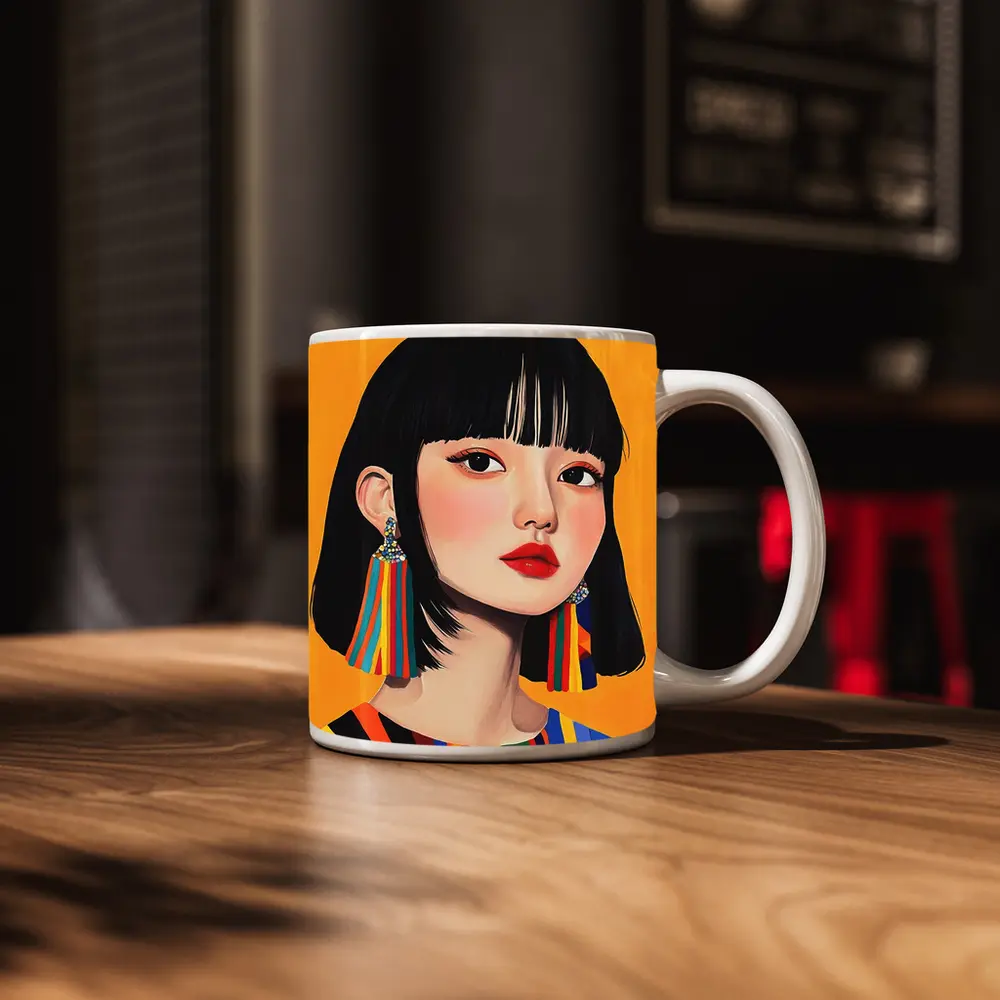 Korean Girl Portrait Colorful Stripes Yellow Background – Mugs
