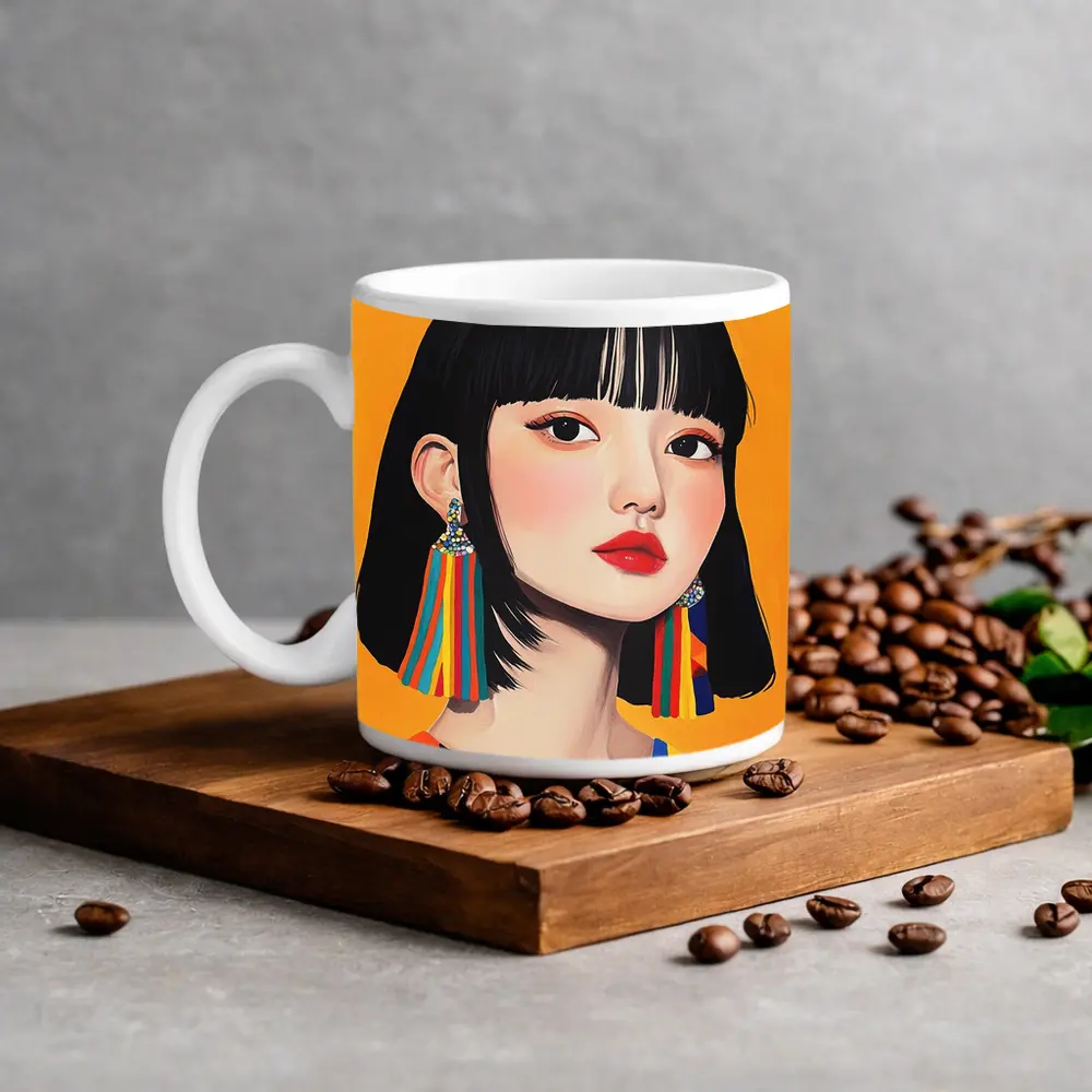 Korean Girl Portrait Colorful Stripes Yellow Background – Mugs