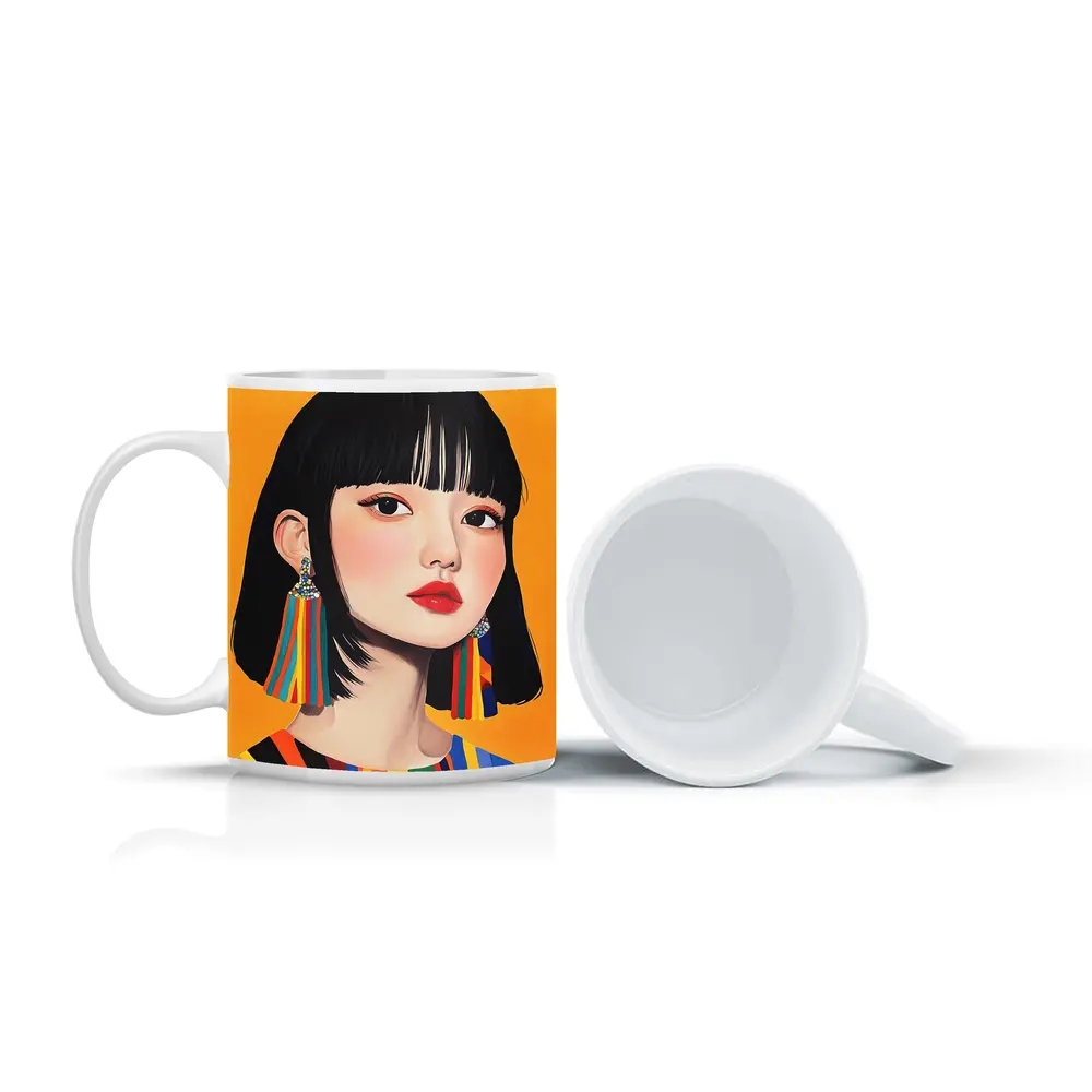 Korean Girl Portrait Colorful Stripes Yellow Background – Mugs