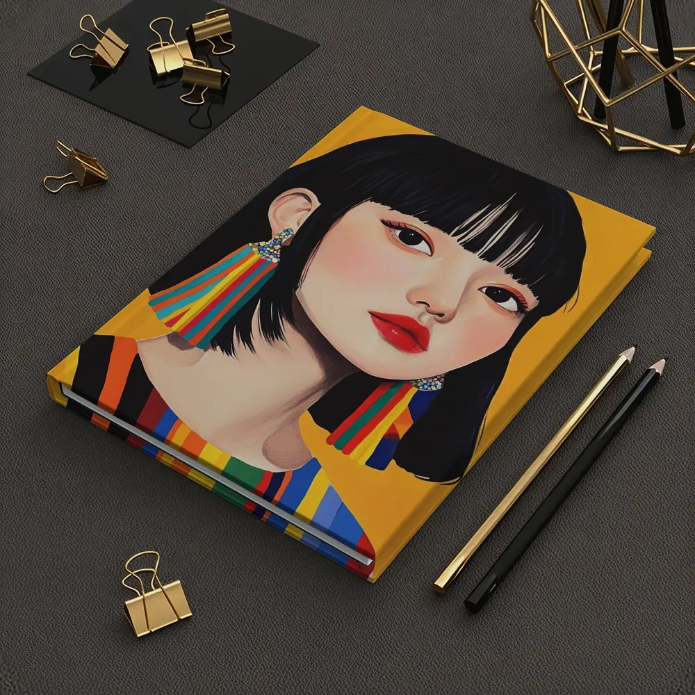 Korean Girl Portrait Colorful Stripes Yellow Background – Notebooks
