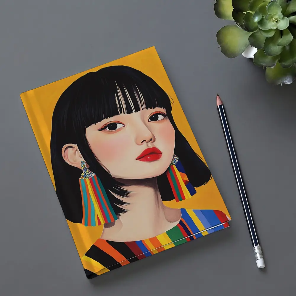 Korean Girl Portrait Colorful Stripes Yellow Background – Notebooks