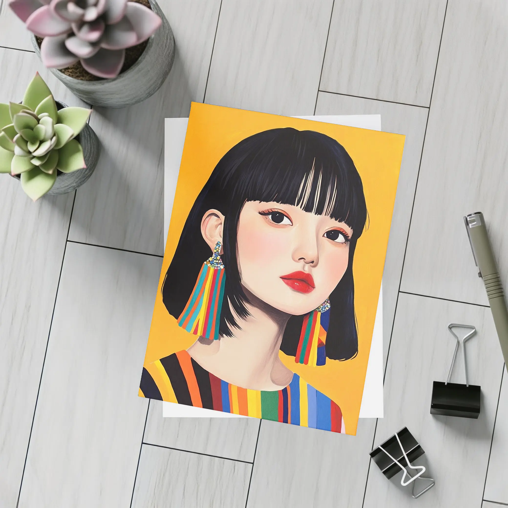 Korean Girl Portrait Colorful Stripes Yellow Background – Postcards