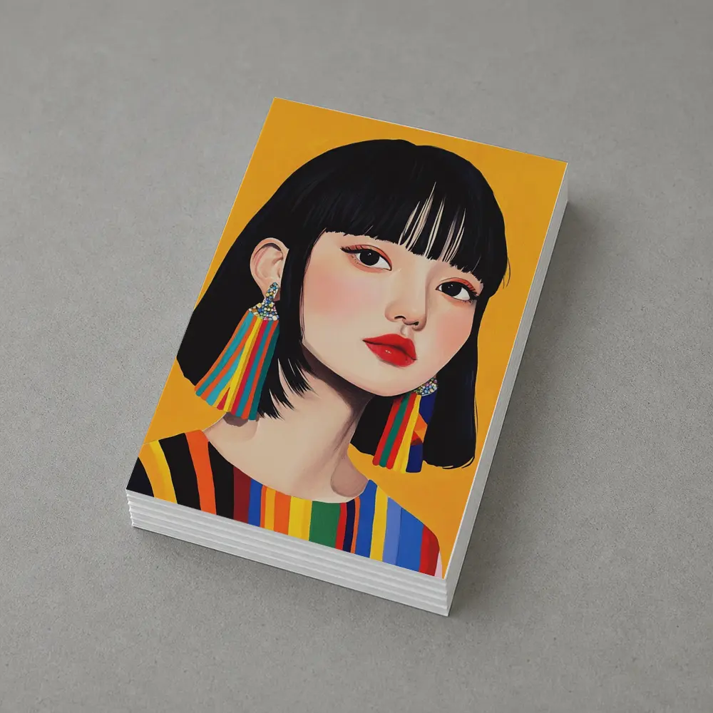 Korean Girl Portrait Colorful Stripes Yellow Background – Postcards