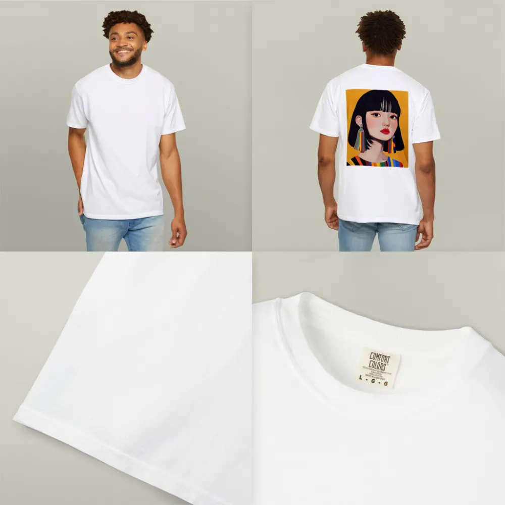 Korean Girl Portrait Colorful Stripes Yellow Background – T-Shirts