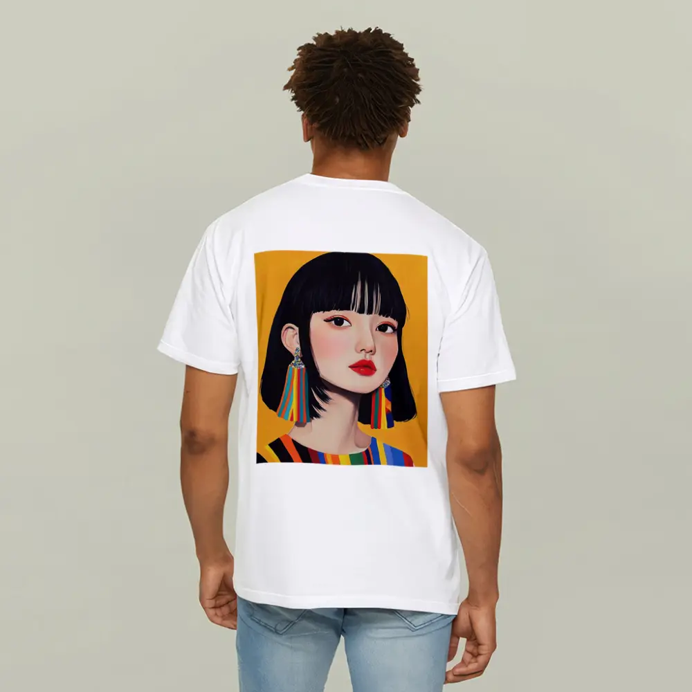 Korean Girl Portrait Colorful Stripes Yellow Background – T-Shirts