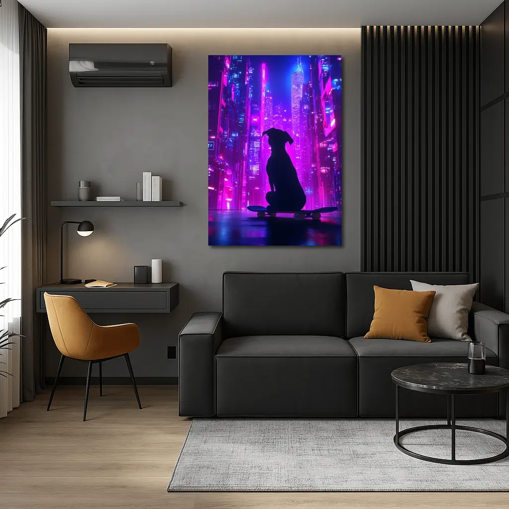 Dog Silhouette Skateboard Neon Cyberpunk City – Wall Art
