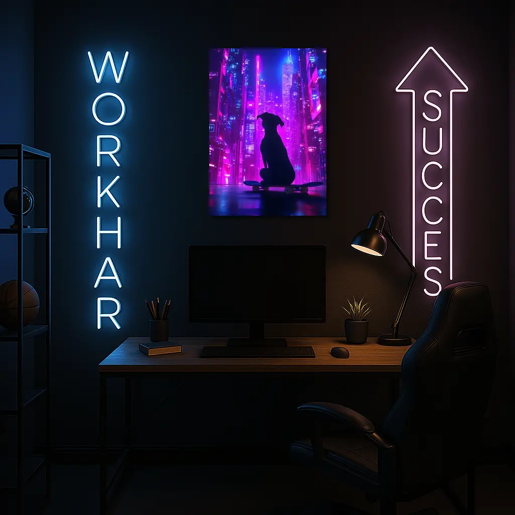 Dog Silhouette Skateboard Neon Cyberpunk City – Wall Art